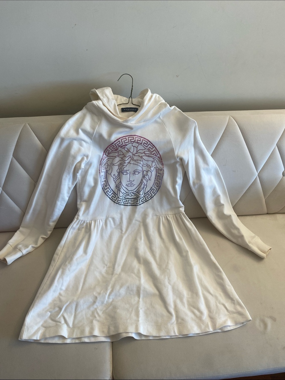Versace Kids White Hooded Dress with Multicolor Medusa Emblem